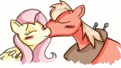 Size: 886x500 | Tagged: safe, artist:frankilew, big macintosh, fluttershy, earth pony, pegasus, pony, fluttermac, kiss on the cheek, kissing, male, shipping, stallion, straight