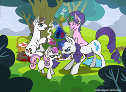 Size: 3508x2569 | Tagged: safe, artist:riracreations, cookie crumbles, hondo flanks, rarity, sweetie belle, pony, unicorn, board game, cookieflanks, dice, magic, picnic, rarity's parents