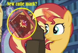 Size: 1595x1080 | Tagged: safe, edit, edited screencap, screencap, sunset shimmer, pony, equestria girls, mirror magic, spoiler:eqg specials, cutie mark, diary, solo