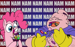 Size: 500x314 | Tagged: safe, artist:catfood-mcfly, pinkie pie, earth pony, pony, candy, crossover, cute, diapinkes, dragon ball z, eating, equestria is doomed, fridge horror, majin buu, nom, open mouth, smiling, xk-class end-of-the-world scenario