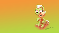 Size: 2000x1125 | Tagged: safe, artist:esuka, applejack, granny smith, earth pony, pony, babyjack, cute, filly, young