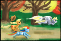 Size: 1000x672 | Tagged: safe, artist:dreigun, applejack, derpy hooves, rainbow dash, earth pony, pegasus, pony, female, jetpack, mare, running of the leaves