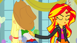 Size: 1280x720 | Tagged: safe, screencap, applejack, sunset shimmer, equestria girls, equestria girls (movie), cowboy hat, eyes closed, hat