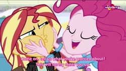 Size: 1334x750 | Tagged: safe, screencap, pinkie pie, sunset shimmer, equestria girls, mirror magic, spoiler:eqg specials, cheeks, geode of empathy, geode of sugar bombs, magical geodes, personal space invasion, squishy cheeks