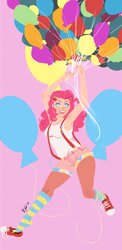 Size: 653x1336 | Tagged: safe, artist:xxciaobella23xx, pinkie pie, human, balloon, hairclip, humanized, light skin, solo, suspenders, then watch her balloons lift her up to the sky