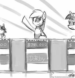 Size: 833x862 | Tagged: safe, artist:johnjoseco, derpy hooves, smarty pants, twilight sparkle, pegasus, pony, female, grayscale, jeopardy, mare, monochrome