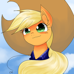 Size: 420x420 | Tagged: safe, artist:kubota, applejack, earth pony, pony, clothes, pixiv, solo