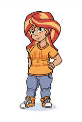 Size: 800x1187 | Tagged: artist needed, safe, sunset shimmer, equestria girls, 4chan, clothes, converse, drawthread, hand on hip, human coloration, jeans, midget, pants, shirt, shoes, short, simple background, sneakers, solo, white background