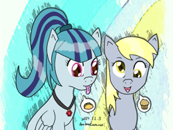 Size: 1079x810 | Tagged: safe, artist:vanillafox2035, derpy hooves, sonata dusk, pegasus, pony, muffin, ponified, sonataco