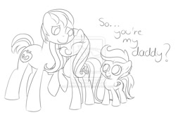 Size: 1024x711 | Tagged: safe, artist:artoftheghostie, big macintosh, fluttershy, scootaloo, earth pony, pegasus, pony, fluttermac, lineart, male, monochrome, shipping, stallion, straight, tumblr, watermark