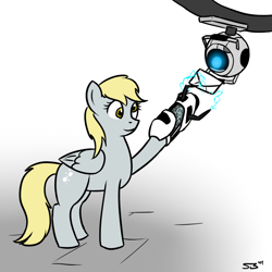 Size: 1000x1000 | Tagged: safe, artist:shinmera, derpy hooves, pegasus, pony, crossover, female, mare, portal 2, portal gun, solo, wheatley