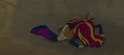 Size: 678x300 | Tagged: safe, screencap, sunset shimmer, equestria girls, equestria girls (movie), boots, clothes, cropped, defeated, high heel boots, jacket, leather jacket, messy hair, skirt, solo