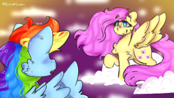 Size: 1024x576 | Tagged: safe, artist:yunieelloa, derpibooru import, fluttershy, rainbow dash, pegasus, pony, chest fluff, cloud, female, flutterdash, lesbian, mare, raised hoof, shipping, smiling, spread wings, wings