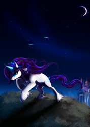 Size: 706x1000 | Tagged: safe, artist:konveekou, rarity, pony, unicorn, moon, night, running, shooting star, solo