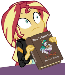 Size: 467x535 | Tagged: safe, artist:andypriceart, edit, princess celestia, sunset shimmer, alicorn, chicken, pony, equestria girls, mirror magic, spoiler:comic, spoiler:comicff38, spoiler:eqg specials, animated, behaving like a chicken, book, funny, gif, parody, simple background, solo, vector, white background