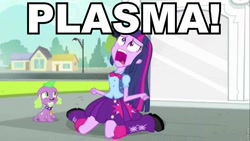 Size: 960x540 | Tagged: safe, derpibooru import, edit, edited screencap, screencap, spike, twilight sparkle, dog, equestria girls, equestria girls (movie), arial, dialogue, duo, exploitable meme, kneeling, mystical ninja: starring goemon, open mouth, screaming, sitting, spike the dog, twiscream