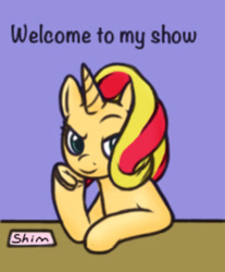 Size: 486x587 | Tagged: artist needed, safe, color edit, edit, sunset shimmer, pony, unicorn, 4chan, colored, drawthread, frog (hoof), looking at you, purple background, simple background, smiling, smirk, smug, solo, table, underhoof