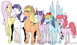 Size: 1773x1047 | Tagged: safe, artist:nekubi, derpibooru import, applejack, fluttershy, pinkie pie, rainbow dash, rarity, twilight sparkle, earth pony, horse, pegasus, pony, unicorn, bedroom eyes, blushing, confused, diverse body types, female, floppy ears, freckles, frown, glare, line-up, mane six, mare, nervous, nudity, open mouth, pixiv, question mark, raised hoof, raised leg, realistic, simple background, size difference, smiling, smirk, smoldash, spread wings, sweat, unshorn fetlocks, white background