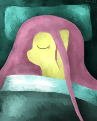 Size: 1024x1280 | Tagged: safe, artist:mister_doktor, fluttershy, pegasus, pony, bed, dream, sleeping, sleepy head, solo