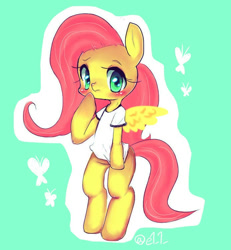 Size: 693x750 | Tagged: safe, artist:elllchan, fluttershy, pegasus, pony, bipedal, clothes, pixiv, solo, t-shirt