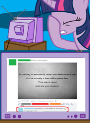 Size: 562x771 | Tagged: safe, derpibooru import, twilight sparkle, astronomy, exploitable meme, facebook, facehoof, fail, meme, stupidity, tv meme