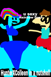 Size: 320x480 | Tagged: safe, artist:hunterxcolleen, artist:iexist1, derpibooru import, rainbow dash, oc, oc:stewart gary, human, in a nutshell, 1000 hours in ms paint, big nose, bikini, black background, blank stare, clothes, crappy art, dialogue, glasses, humanized, hunterxcolleen, parody, simple background, swimsuit, tanktop, text, wide hips
