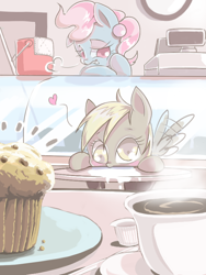 Size: 600x800 | Tagged: safe, artist:fr3, cup cake, derpy hooves, pony, baby, baby pony, coffee, cute, derpabetes, filly, muffin, pixiv, that pony sure does love muffins, younger