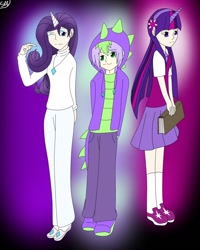 Size: 1212x1513 | Tagged: safe, artist:shinkou-san, derpibooru import, rarity, spike, twilight sparkle, clothes, hoodie, horned humanization, humanized