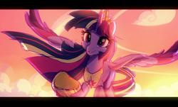 Size: 1920x1160 | Tagged: safe, artist:light262, twilight sparkle, twilight sparkle (alicorn), alicorn, pony, colored wings, female, flying, hoof shoes, mare, multicolored wings, older, older twilight, reaching out, smiling, solo, spread wings, ultimate twilight, underhoof, wings