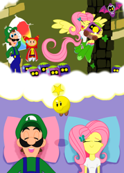 Size: 1024x1427 | Tagged: safe, artist:bbbhuey, fluttershy, equestria girls, antasma, crossover, dream bubble, hug, luigi, luigishy, mario & luigi, mario & luigi: dream team, ponied up, prince dreambert, starlow, super mario bros., wings