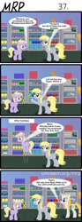 Size: 800x2153 | Tagged: safe, artist:umneem, derpy hooves, dinky hooves, oc, oc:dispersion, pegasus, pony, unicorn, comic:my rational pony, 4koma, comic, female, mare, shop, shopping, toy, twilight scepter