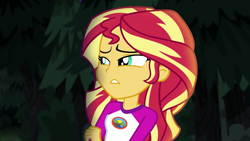 Size: 1280x720 | Tagged: safe, screencap, sunset shimmer, equestria girls, legend of everfree, camp everfree outfits, clothes, female, night, scenery, solo, tree