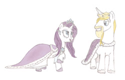 Size: 1083x695 | Tagged: safe, artist:tamirkaden, prince blueblood, rarity, pony, unicorn, beard, clothes, crown, female, male, rariblood, shipping, straight, tiara, traditional art