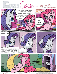 Size: 4972x6397 | Tagged: safe, artist:redapropos, pinkie pie, rarity, earth pony, pony, unicorn, absurd resolution, comic, eyes closed, floppy ears, laughing, lidded eyes, raised eyebrow, rarity is not amused, shrunken pupils, throwing, unamused, your mom