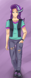 Size: 1616x4000 | Tagged: safe, artist:aflurryofdragons, starlight glimmer, equestria girls, mirror magic, spoiler:eqg specials, beanie, clothes, hat, human coloration, pants, solo, torn clothes, unamused, vest, watch