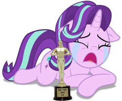 Size: 2000x1664 | Tagged: safe, edit, starlight glimmer, pony, unicorn, a royal problem, 2018, award, awards, crying, d:, downvote bait, drama, eyes closed, floppy ears, frown, op is a cuck, op is trying to start shit, open mouth, oscar, prone, sad, sadlight glimmer, simple background, solo, starlight drama, transparent background, woobie, worst pony