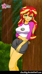 Size: 562x1000 | Tagged: safe, artist:clouddg, sunset shimmer, equestria girls, legend of everfree, breasts, camp everfree outfits, clothes, female, looking at you, shirt, shorts, smiling, solo, stupid sexy sunset shimmer, sunset jiggler, tree