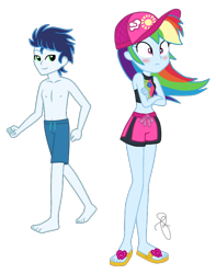 Size: 606x768 | Tagged: safe, artist:ilaria122, artist:selenaede, derpibooru import, rainbow dash, soarin', equestria girls, equestria girls series, belly button, blushing, cap, clothes, couple, crossed arms, equestria girls-ified, feet, female, flip-flops, geode of super speed, hat, legs, male, midriff, sandals, shipping, simple background, soarindash, straight, swimsuit, transparent background