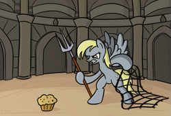 Size: 853x579 | Tagged: safe, artist:sirvalter, derpy hooves, pegasus, pony, female, gladiator, mare, muffin, net, solo, trident