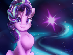 Size: 2629x2000 | Tagged: safe, artist:light262, starlight glimmer, crystal pony, pony, unicorn, chest fluff, crystallized, cute, cutie mark, female, glimmerbetes, looking at you, mare, signature, sitting, smiling, smiling at you, solo, space, sweet dreams fuel
