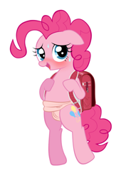 Size: 600x848 | Tagged: safe, artist:momo, pinkie pie, earth pony, pony, backpack, bipedal, blushing, cute, diapinkes, fundoshi, solo