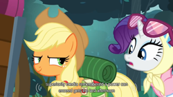 Size: 640x360 | Tagged: safe, screencap, applejack, rarity, earth pony, pony, unicorn, meme, youtube caption