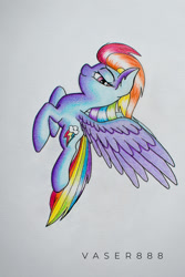 Size: 600x900 | Tagged: safe, artist:vaser888, derpibooru import, rainbow dash, pegasus, pony, ear fluff, flying, lidded eyes, looking at you, simple background, smiling, solo, traditional art, windswept mane