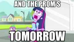 Size: 775x440 | Tagged: safe, derpibooru import, edit, edited screencap, screencap, spike, twilight sparkle, dog, equestria girls, equestria girls (movie), duo, exploitable meme, fall formal, prom, spike the dog, twiscream