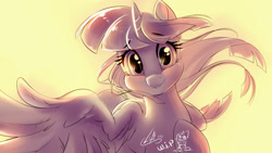 Size: 1000x562 | Tagged: safe, artist:light262, twilight sparkle, twilight sparkle (alicorn), alicorn, blushing, looking at you, signature, simple background, sketch, smiling, solo, spread wings, wings, wip, yellow background