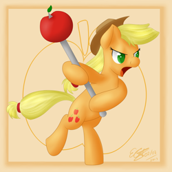 Size: 894x894 | Tagged: safe, artist:icy wings, applejack, earth pony, pony, bipedal, blunt honesty, hammer, hat, solo