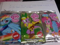 Size: 960x720 | Tagged: safe, derpibooru import, pinkie pie, rainbow dash, spike, dragon, earth pony, pegasus, pony, bootleg, card game, merchandise