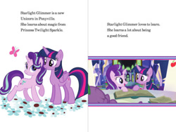 Size: 480x360 | Tagged: safe, spike, starlight glimmer, twilight sparkle, twilight sparkle (alicorn), alicorn, butterfly, dragon, pony, unicorn, book, flower, meet starlight glimmer