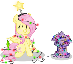 Size: 1148x1000 | Tagged: safe, artist:jonah-yeoj, edit, fluttershy, pegasus, pony, christmas lights, christmas tree, crossover, espurr, fluttertree, pokémon, solo