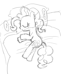 Size: 599x730 | Tagged: safe, artist:momo, pinkie pie, earth pony, pony, :o, bed, cute, diapinkes, eyes closed, monochrome, on side, sleeping, solo, zzz